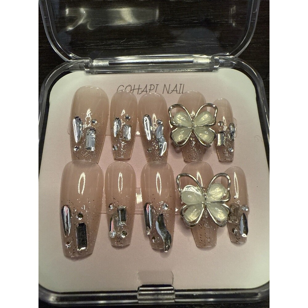 Butterfly bling press on nails – nude Glitter chrome – 3-D Luxury 10 Pcs GOHAP - Picture 2 of 3